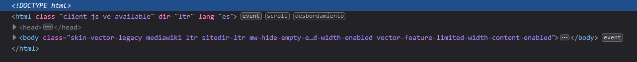 Imagen donde se muestra el contenido de la página de Wikipedia en HTML pero las etiquetas de cabecera y cuerpo están minimizadas.